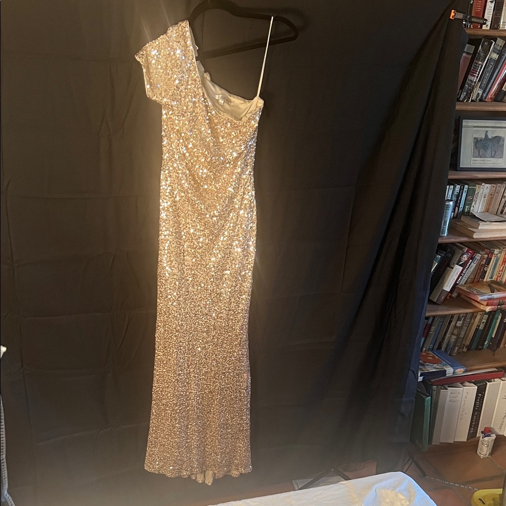 Badgley Mischka Champagne Sequin One-Shoulder Dress